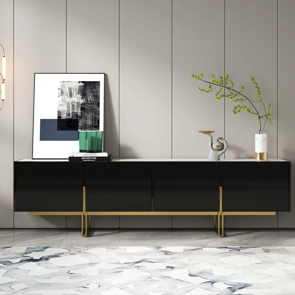 Meuble TV Grovyn 200 cm avec plateau en pierre frittée et design cannelé Noir brillant