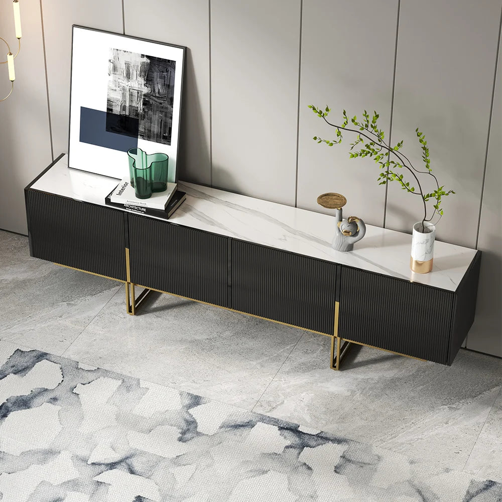Meuble TV Grovyn 200 cm avec plateau en pierre frittée et design cannelé Noir brillant