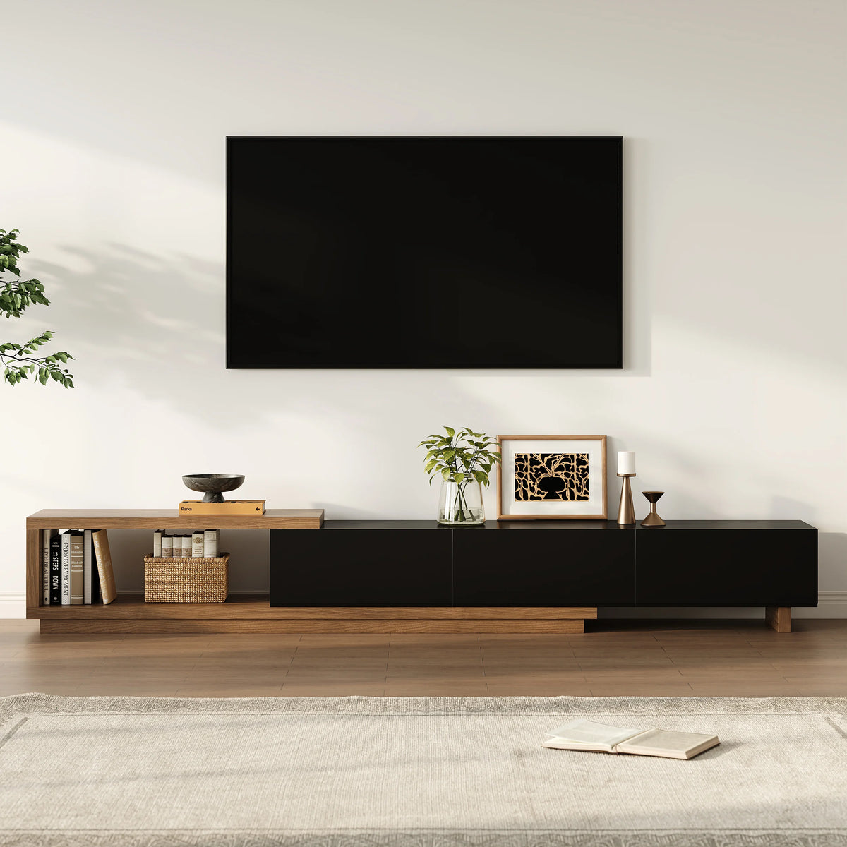 Meuble TV extensible Quoint 180 à 255 cm avec 3 tiroirs Noyer & noir