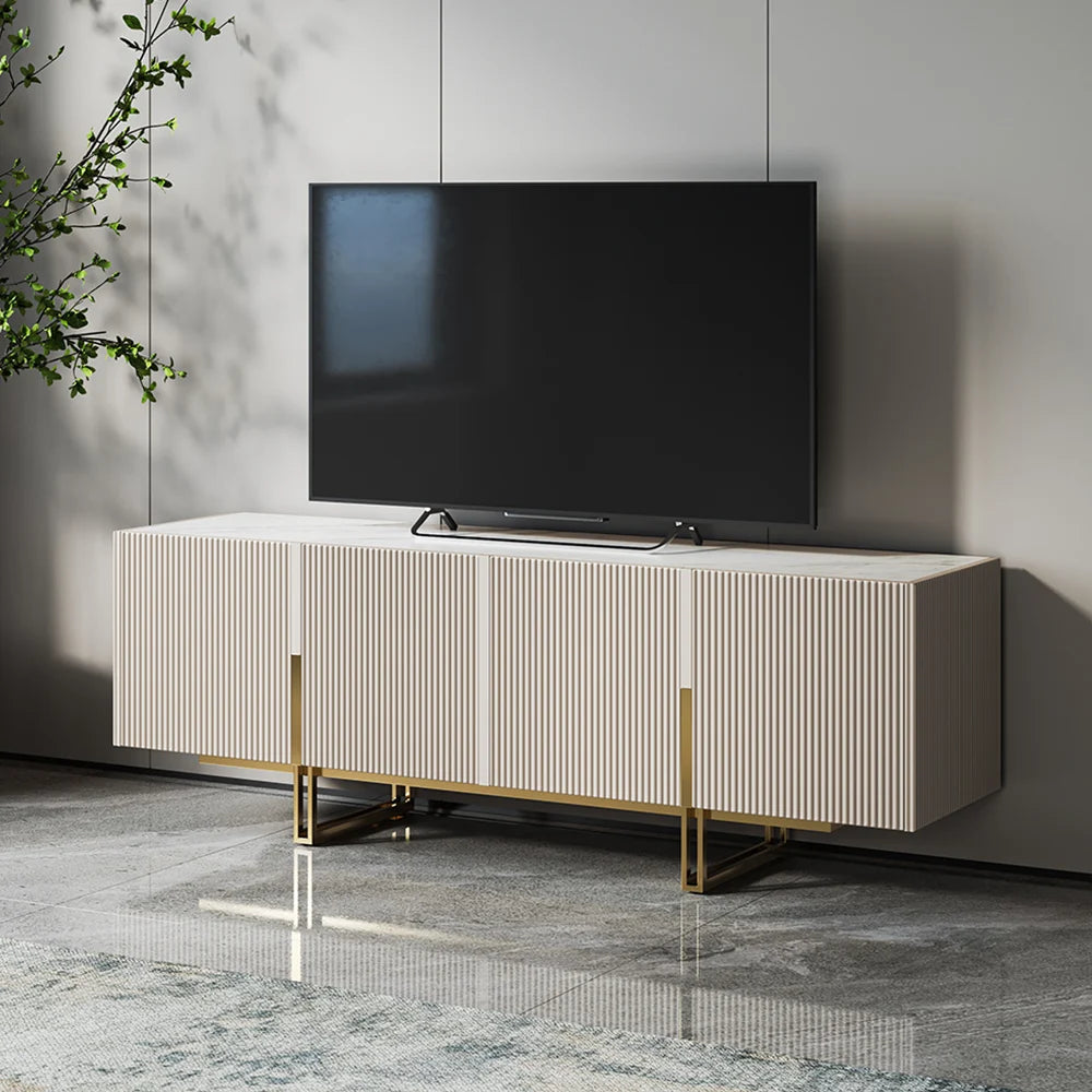 Meuble TV Grovyn 150 cm avec plateau en pierre frittée et design cannelé Ivoire brillant