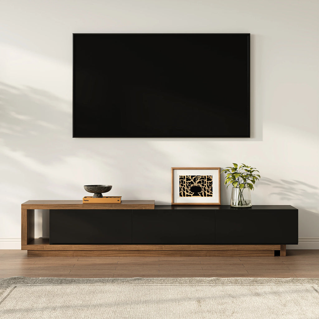 Meuble TV extensible Quoint 180 à 255 cm avec 3 tiroirs Noyer & noir