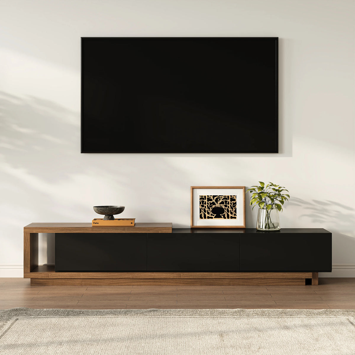 Meuble TV extensible Quoint 180 à 255 cm avec 3 tiroirs Noyer & noir