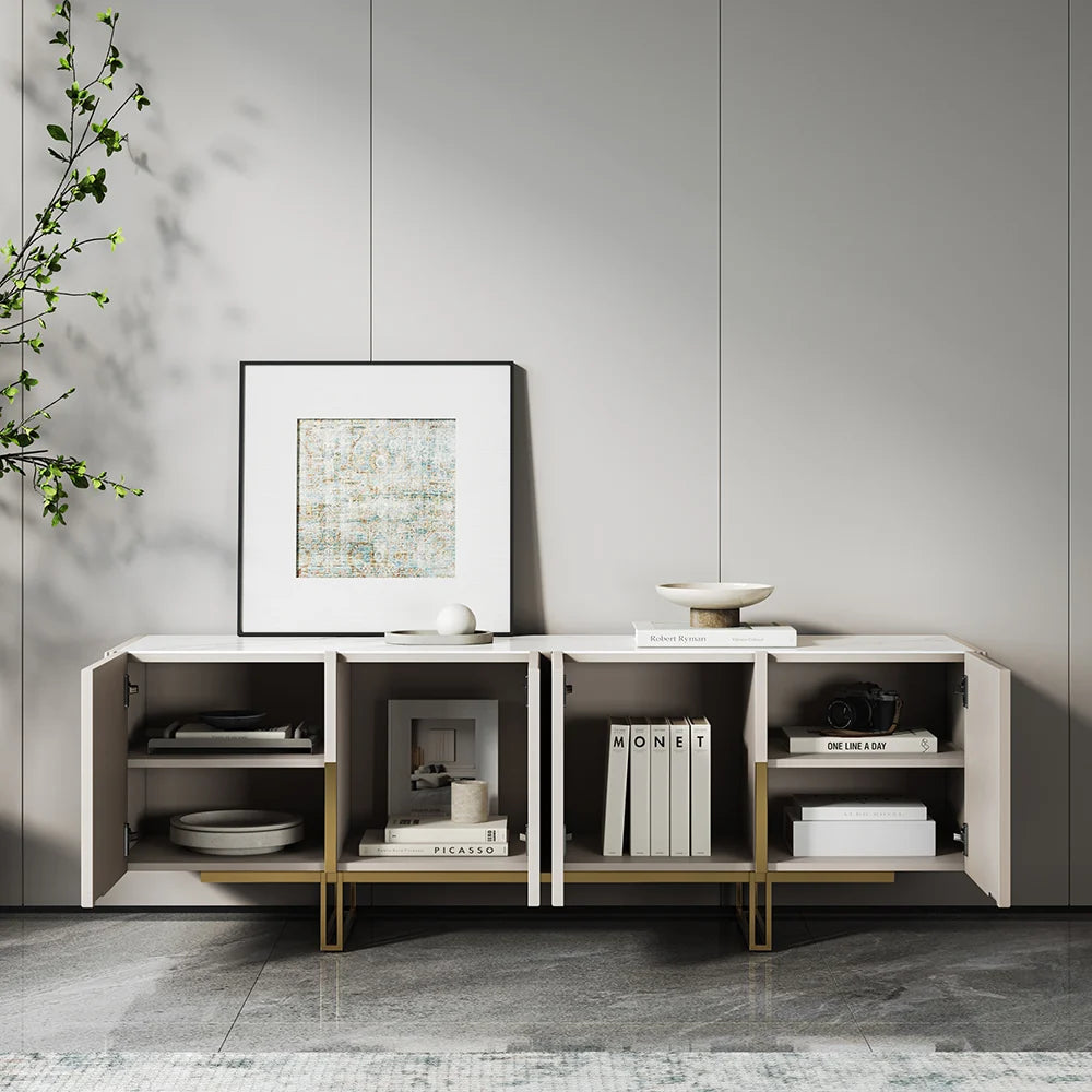 Meuble TV Grovyn 150 cm avec plateau en pierre frittée et design cannelé Ivoire brillant