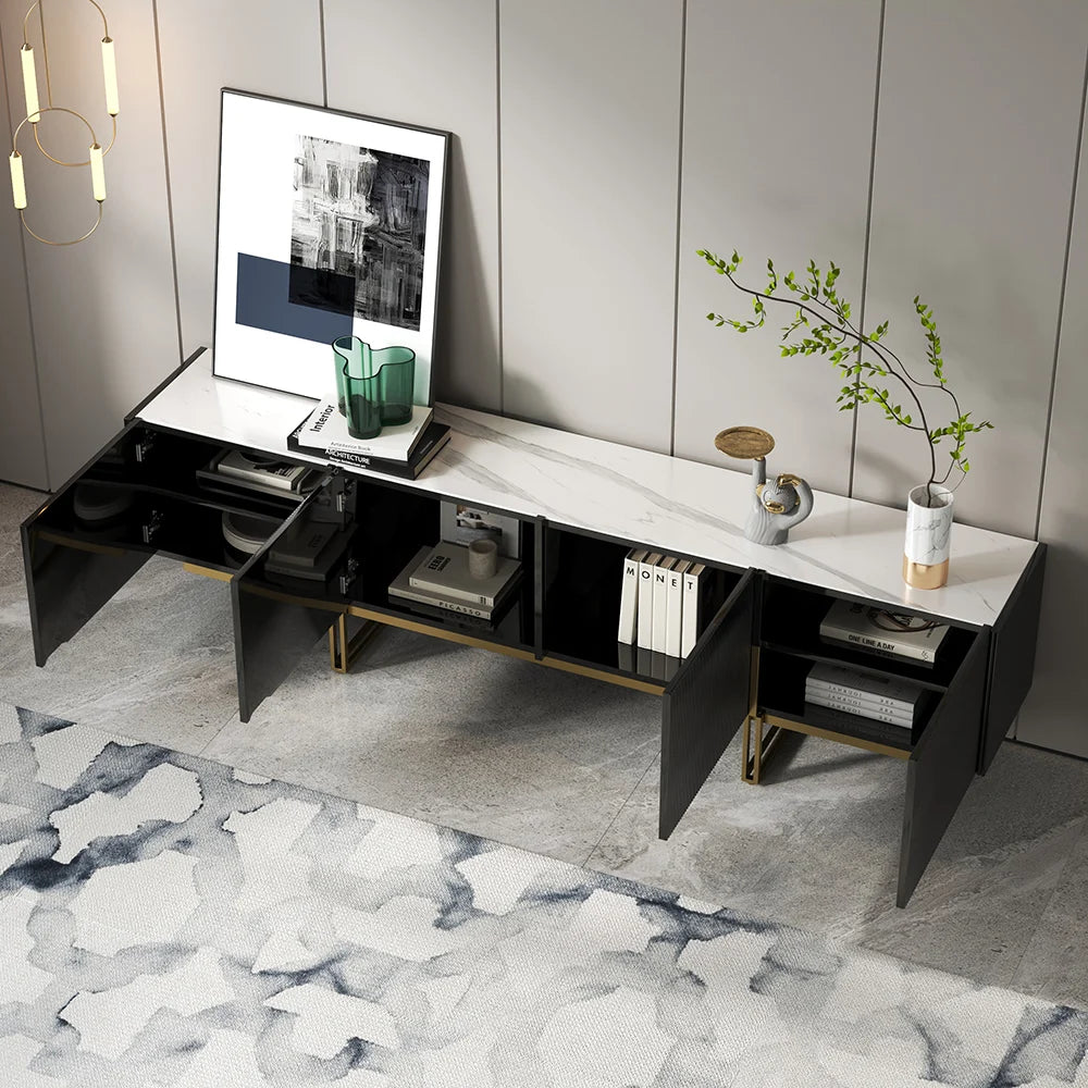 Meuble TV Grovyn 200 cm avec plateau en pierre frittée et design cannelé Noir brillant