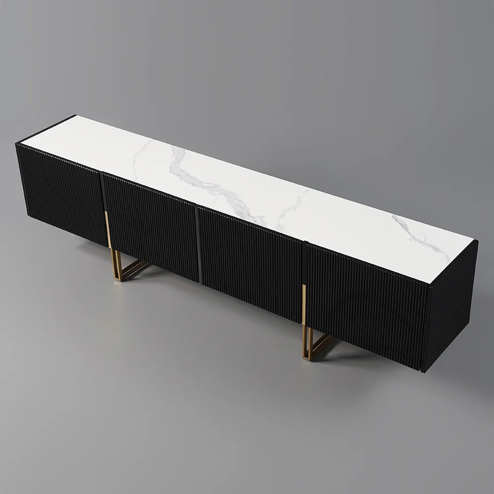 Meuble TV Grovyn 200 cm avec plateau en pierre frittée et design cannelé Noir brillant