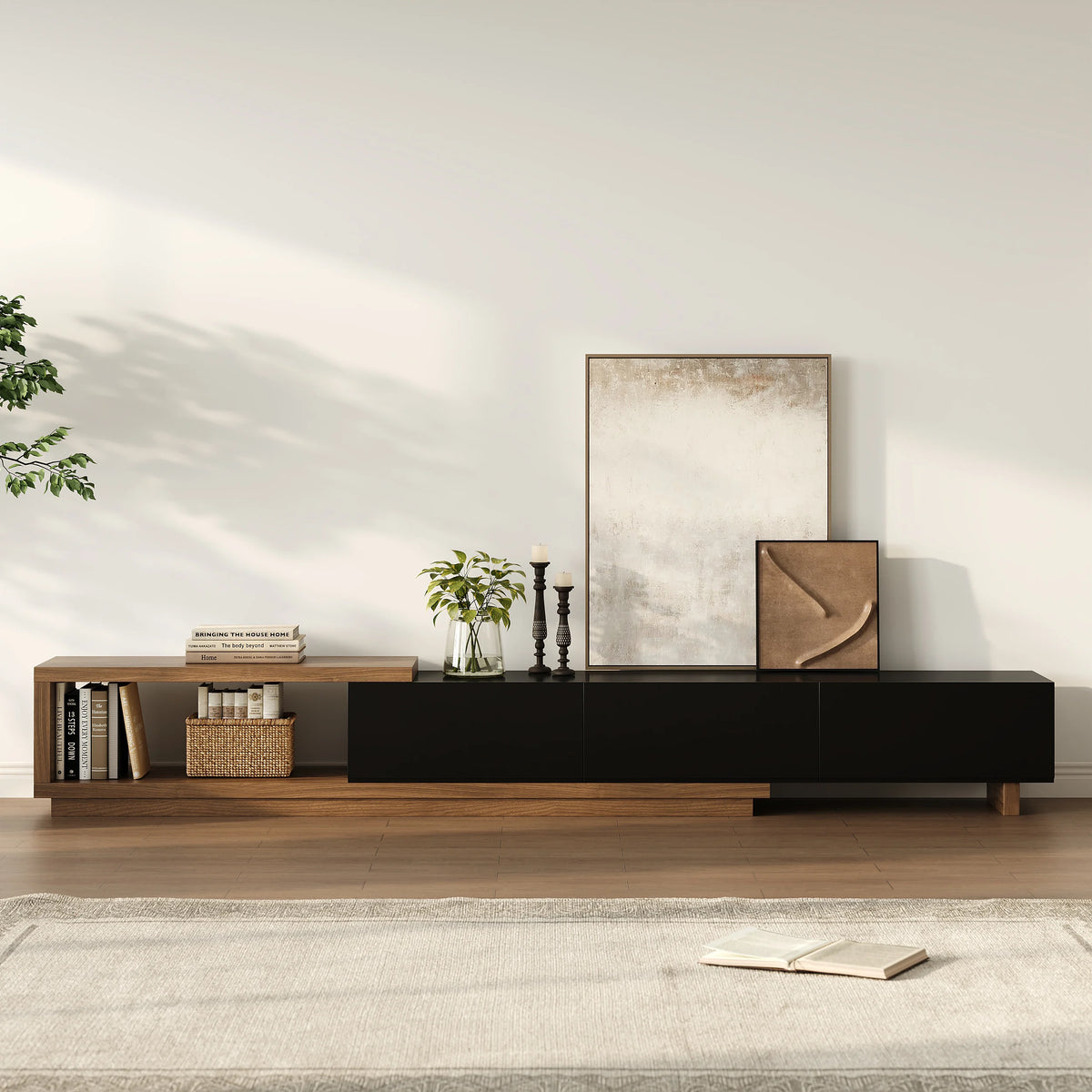 Meuble TV extensible Quoint 180 à 255 cm avec 3 tiroirs Noyer & noir