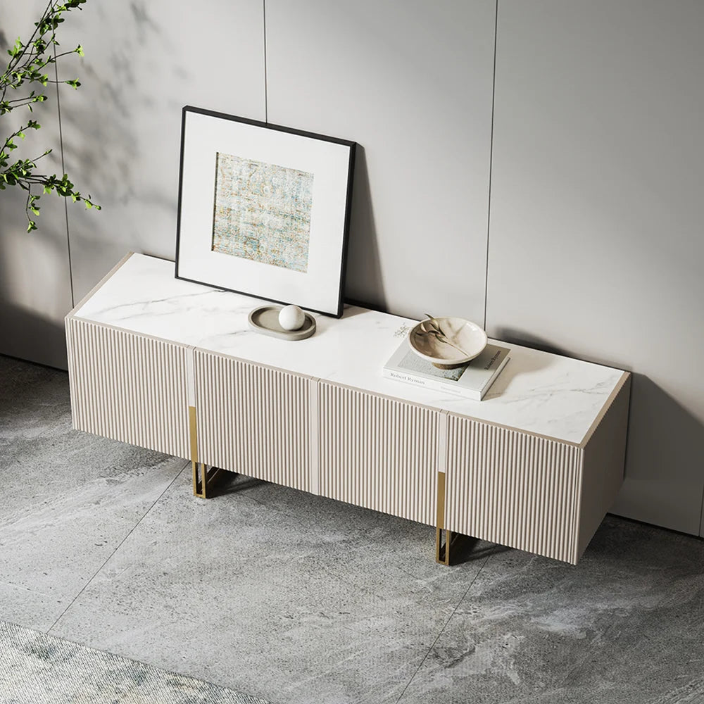Meuble TV Grovyn 150 cm avec plateau en pierre frittée et design cannelé Ivoire brillant