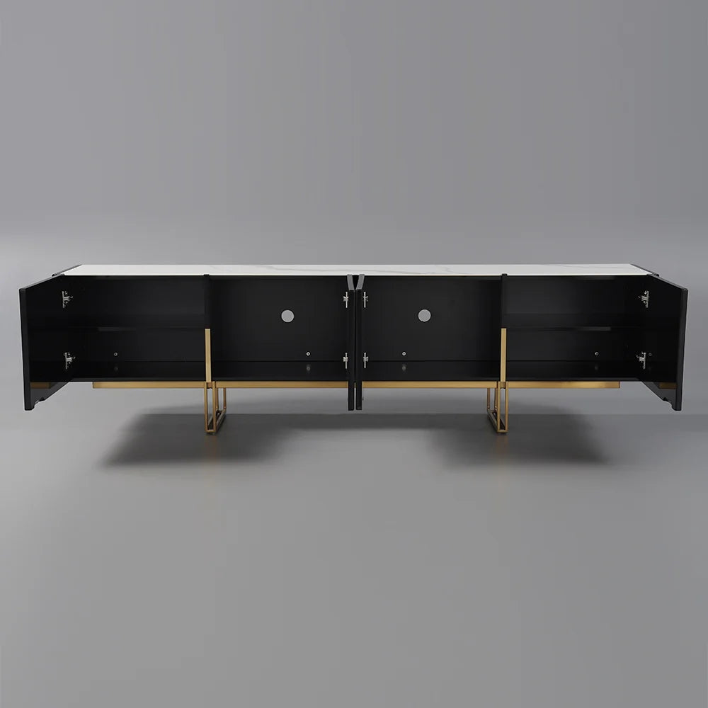 Meuble TV Grovyn 200 cm avec plateau en pierre frittée et design cannelé Noir brillant