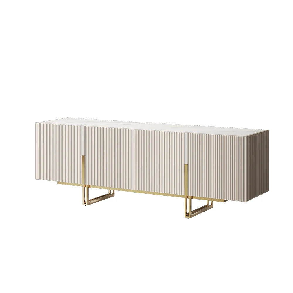 Meuble TV Grovyn 150 cm avec plateau en pierre frittée et design cannelé Ivoire brillant
