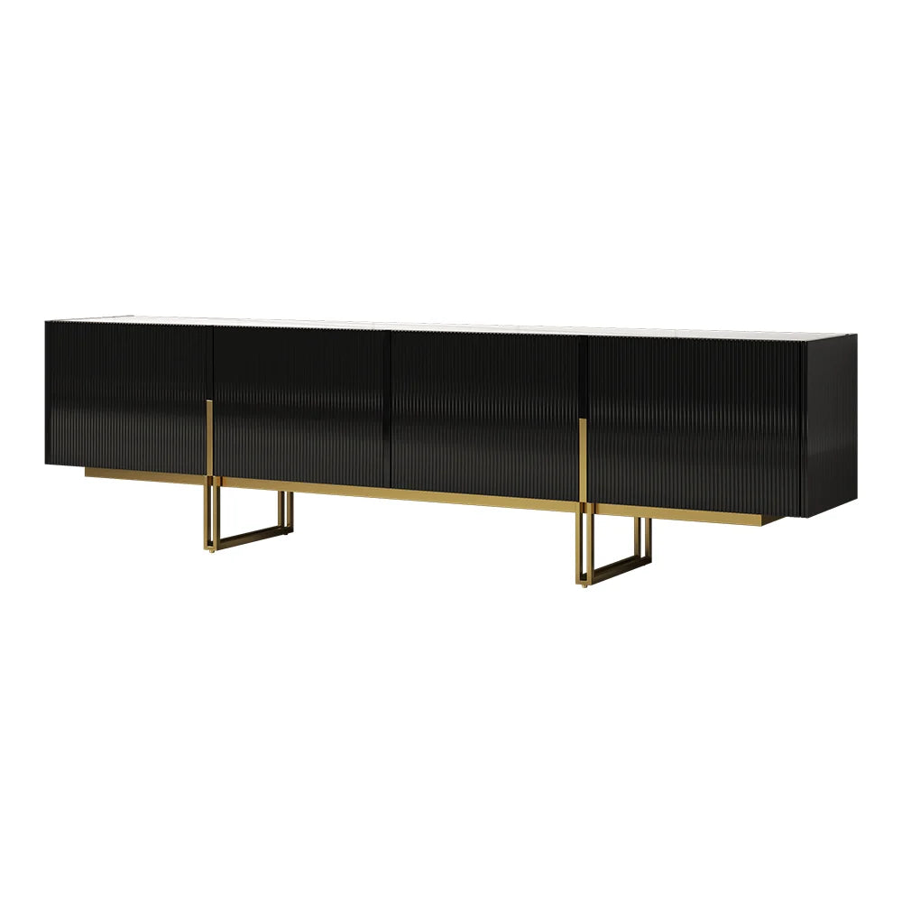 Meuble TV Grovyn 200 cm avec plateau en pierre frittée et design cannelé Noir brillant
