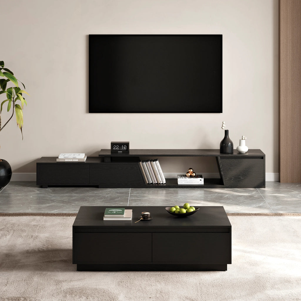 Ensemble de meuble TV Fero en bois noir, meuble TV extensible et table basse rectangulaire