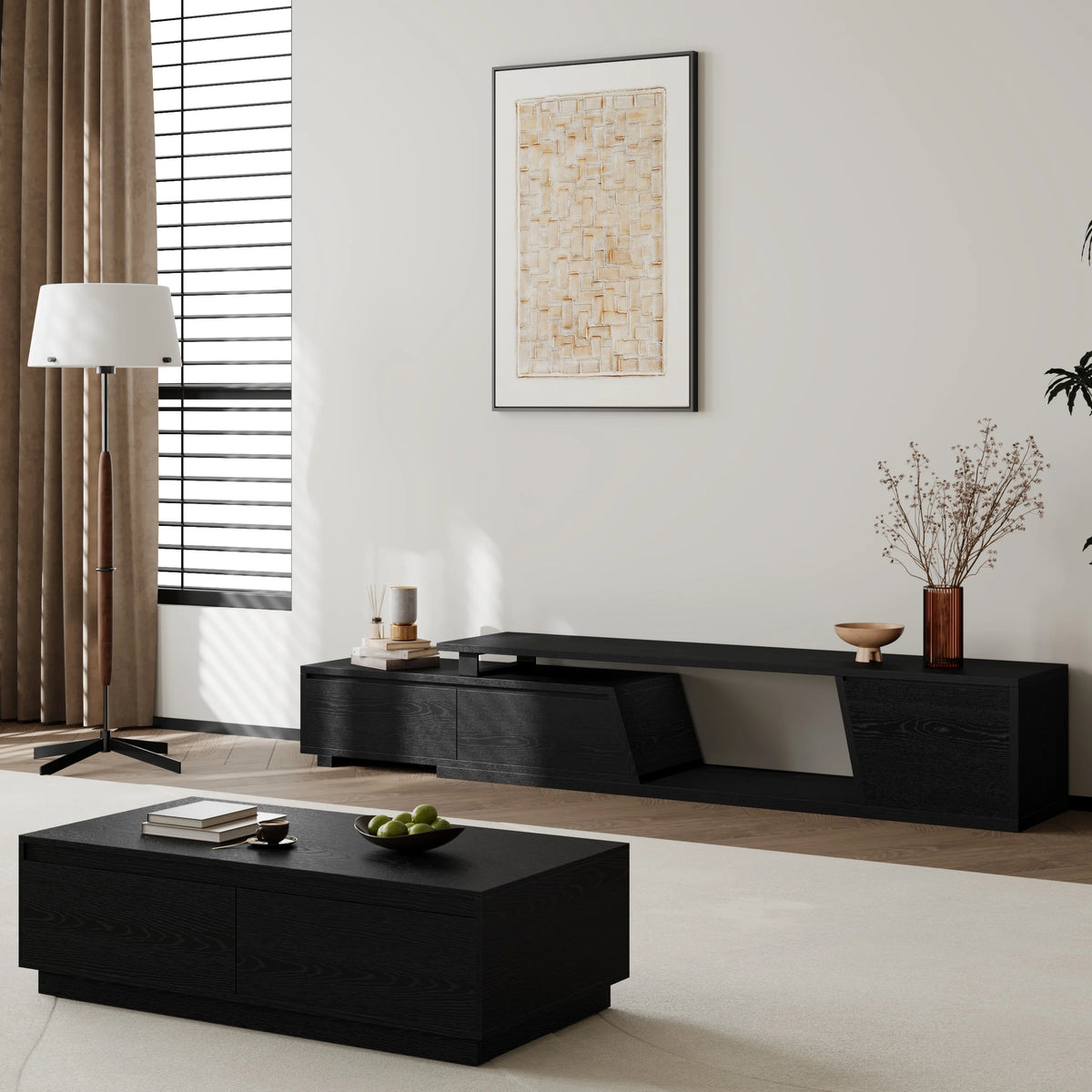 Ensemble de meuble TV Fero en bois noir, meuble TV extensible et table basse rectangulaire