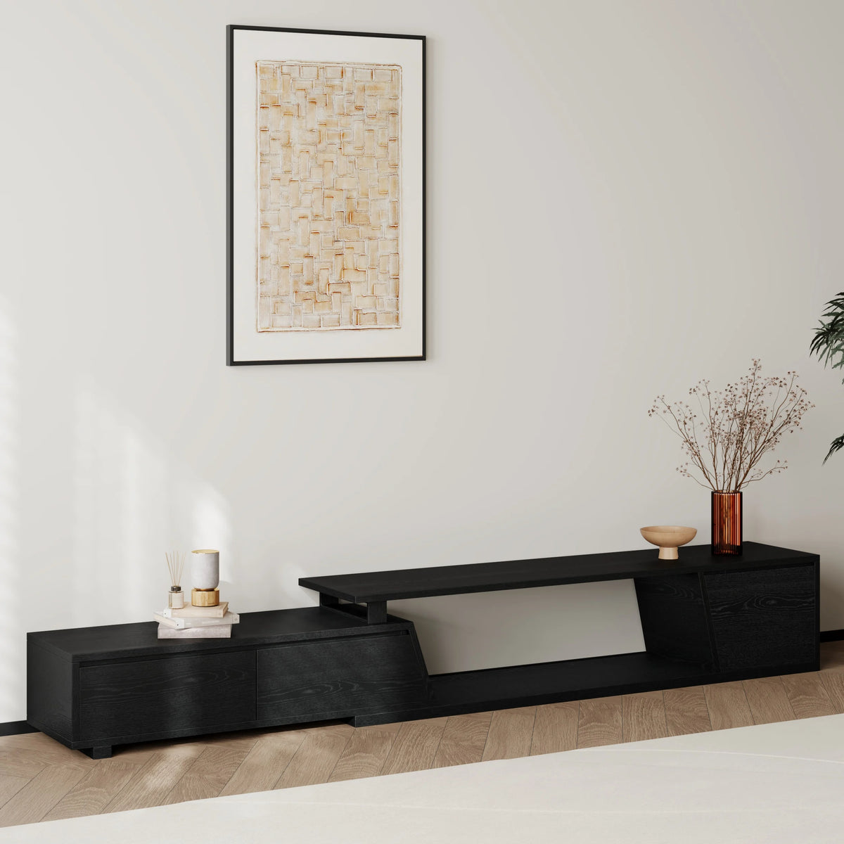 Ensemble de meuble TV Fero en bois noir, meuble TV extensible et table basse rectangulaire