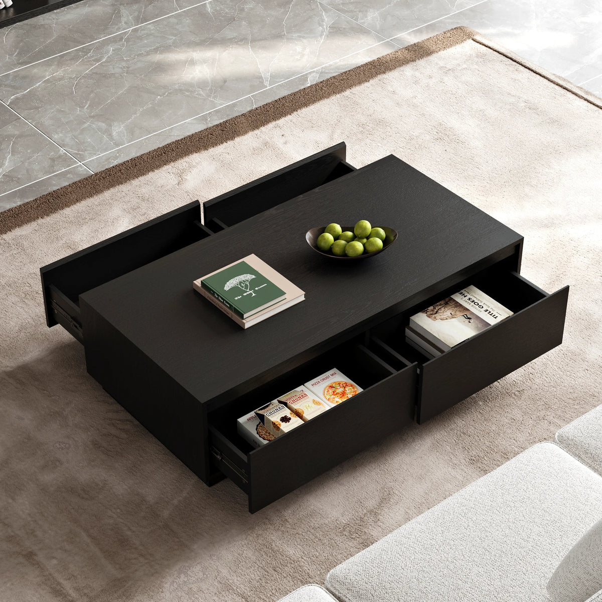 Ensemble de meuble TV Fero en bois noir, meuble TV extensible et table basse rectangulaire
