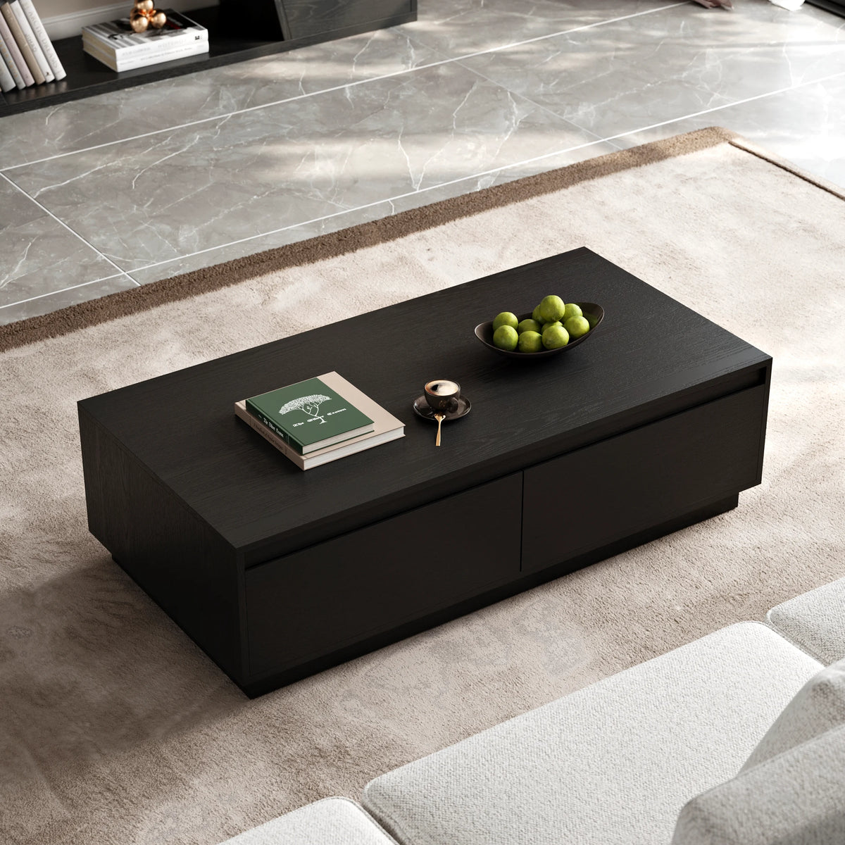 Ensemble de meuble TV Fero en bois noir, meuble TV extensible et table basse rectangulaire