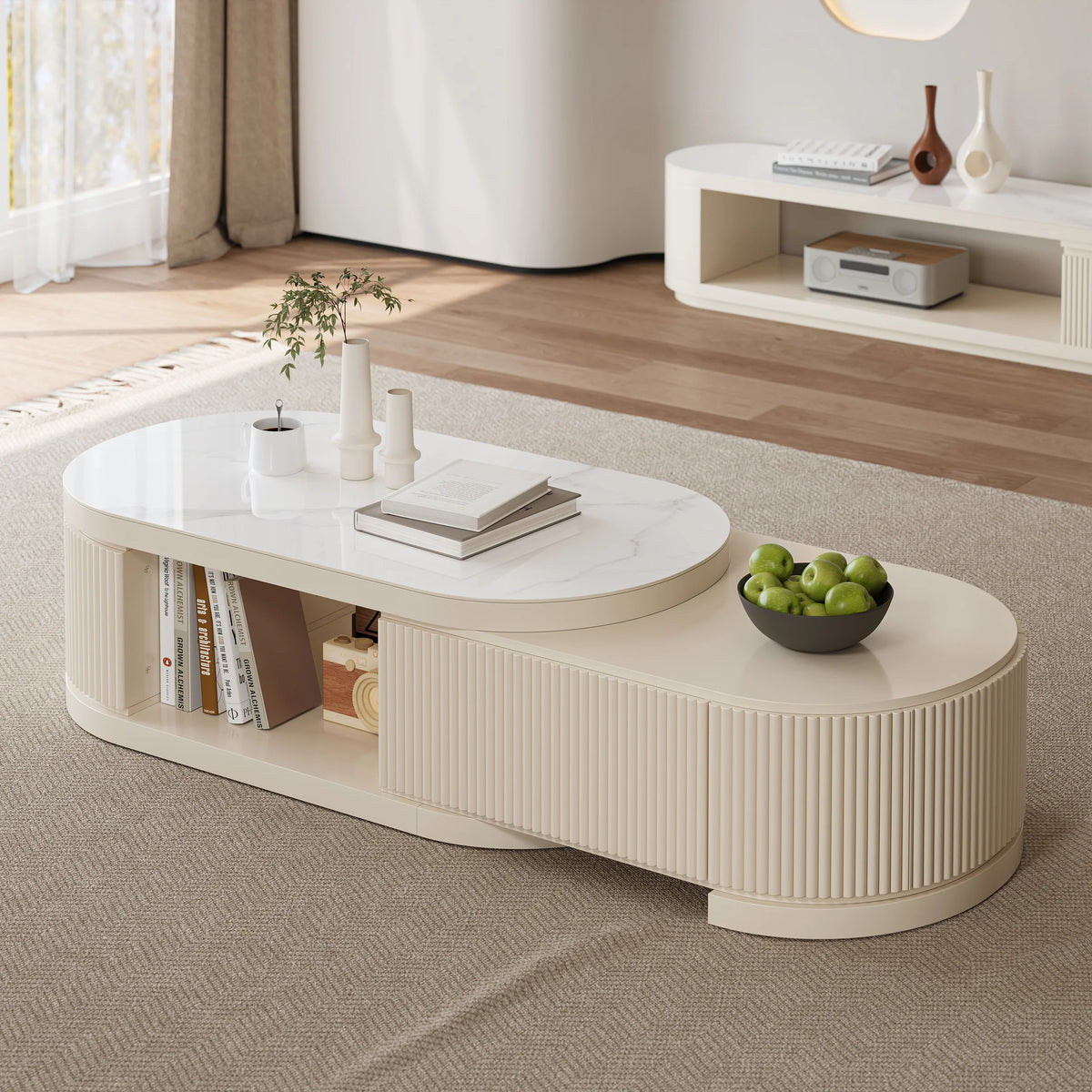 Ensemble meuble TV extensible et table basse Velar Ivoire mat