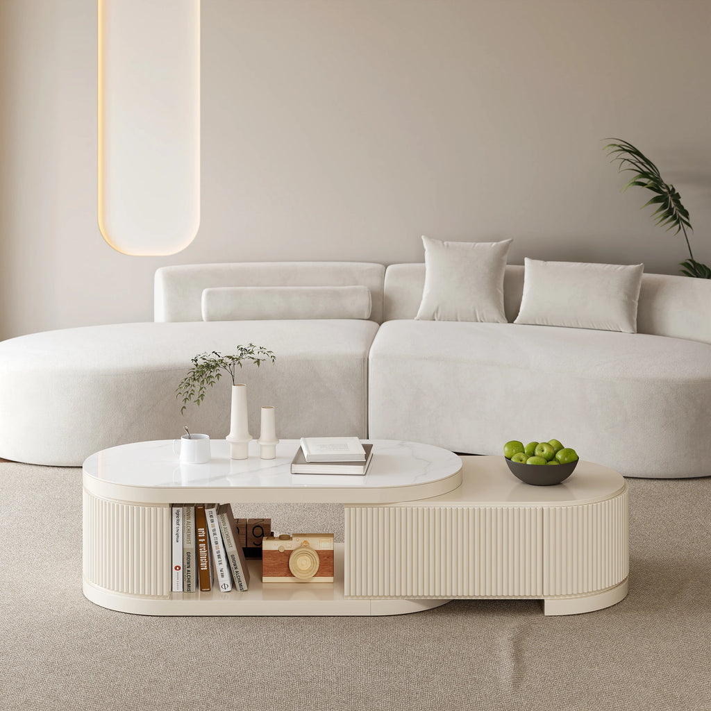 Ensemble meuble TV extensible et table basse Velar Ivoire mat
