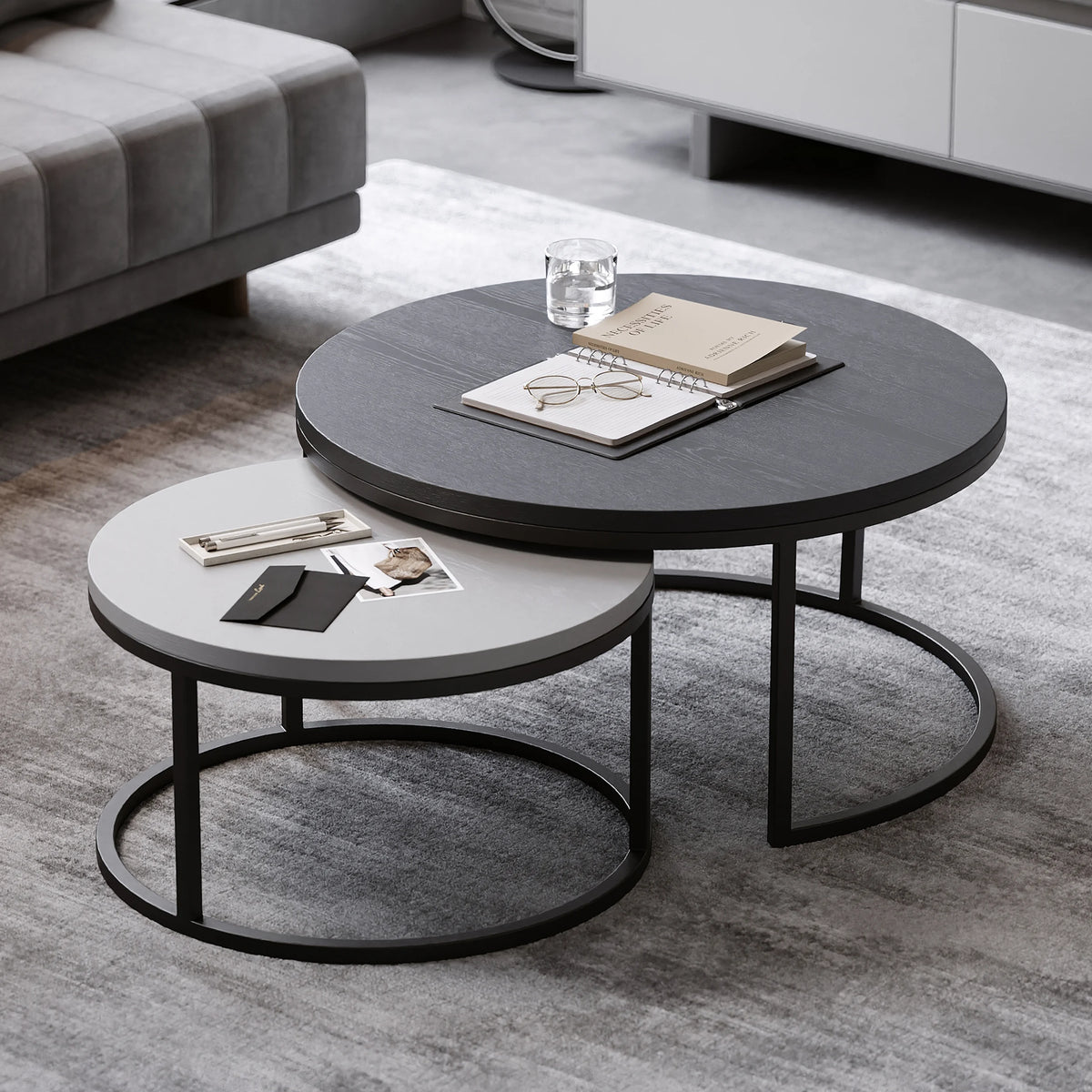 Ensemble meuble tv extensible gris et table basse emboîtable Fero