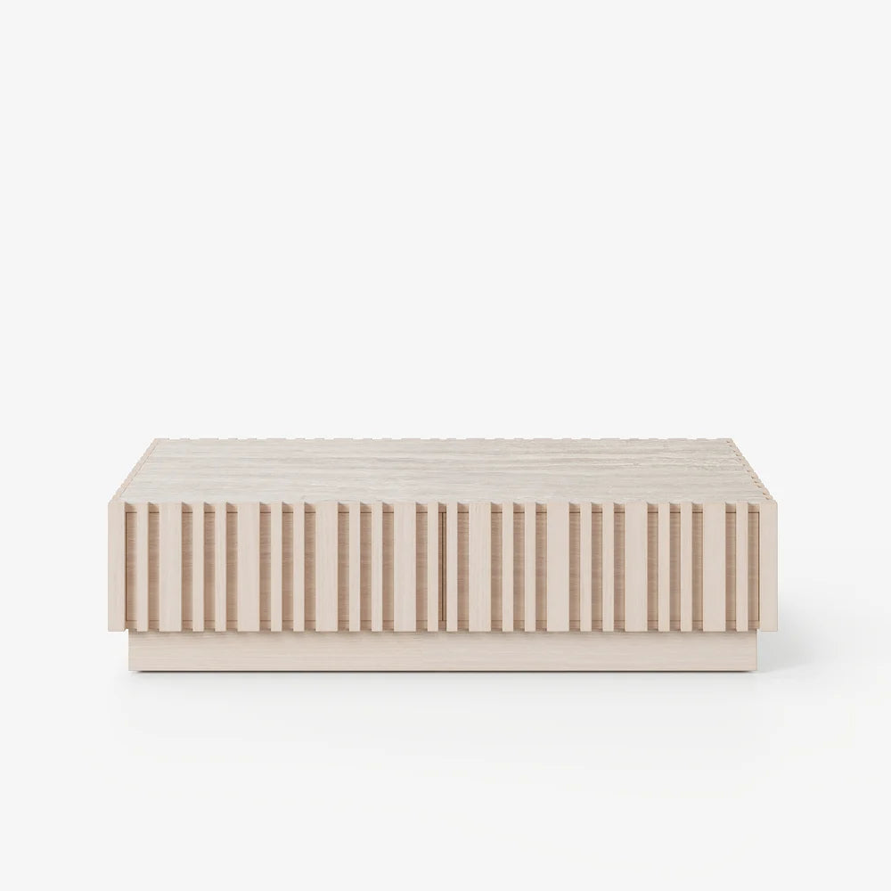 Ensemble meuble TV Aura avec meuble TV à lattes en bois de frêne et table basse Bois blanc
