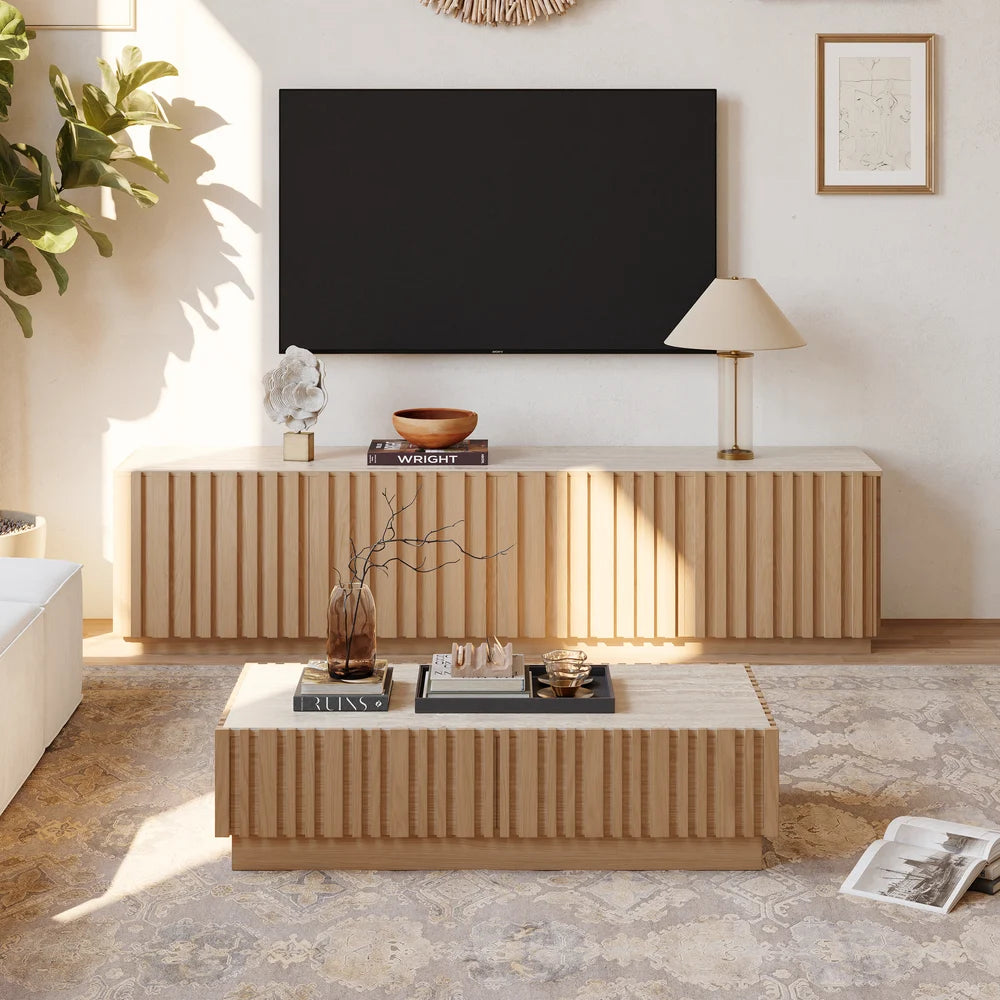 Ensemble meuble TV Aura avec meuble TV à lattes en bois de frêne et table basse Bois naturel