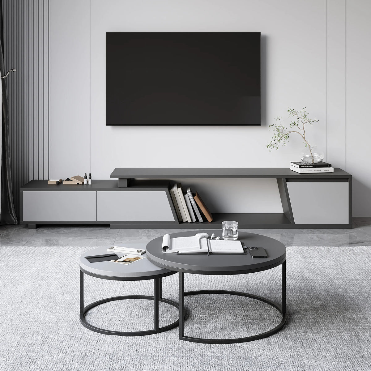 Ensemble meuble tv extensible gris et table basse emboîtable Fero
