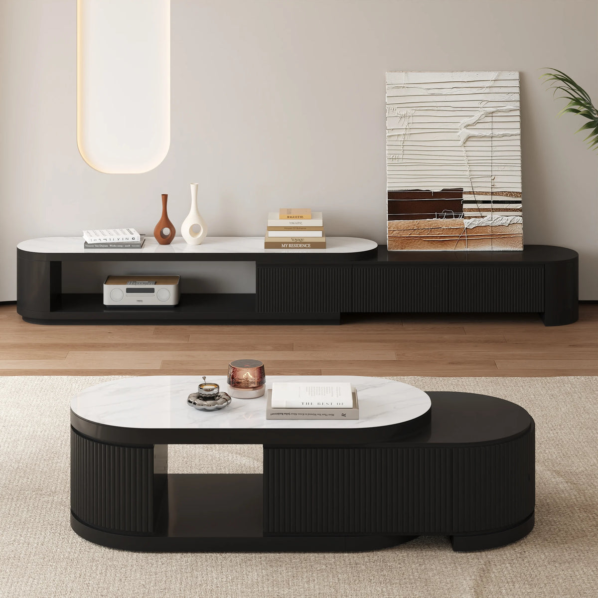 Ensemble meuble TV extensible et table basse Velar Noir mat