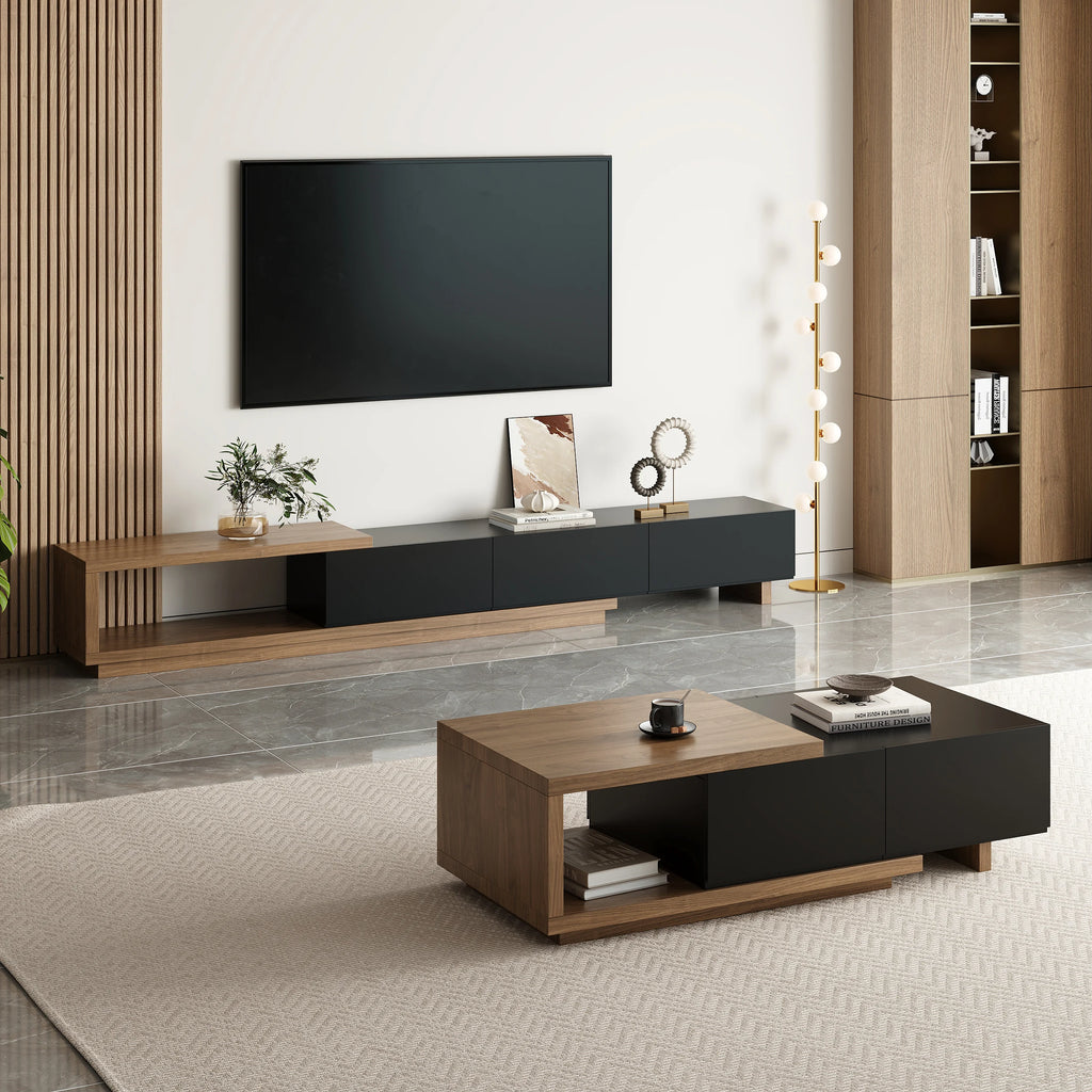 Ensemble meuble TV extensible et table basse Quoint Noir & noyer