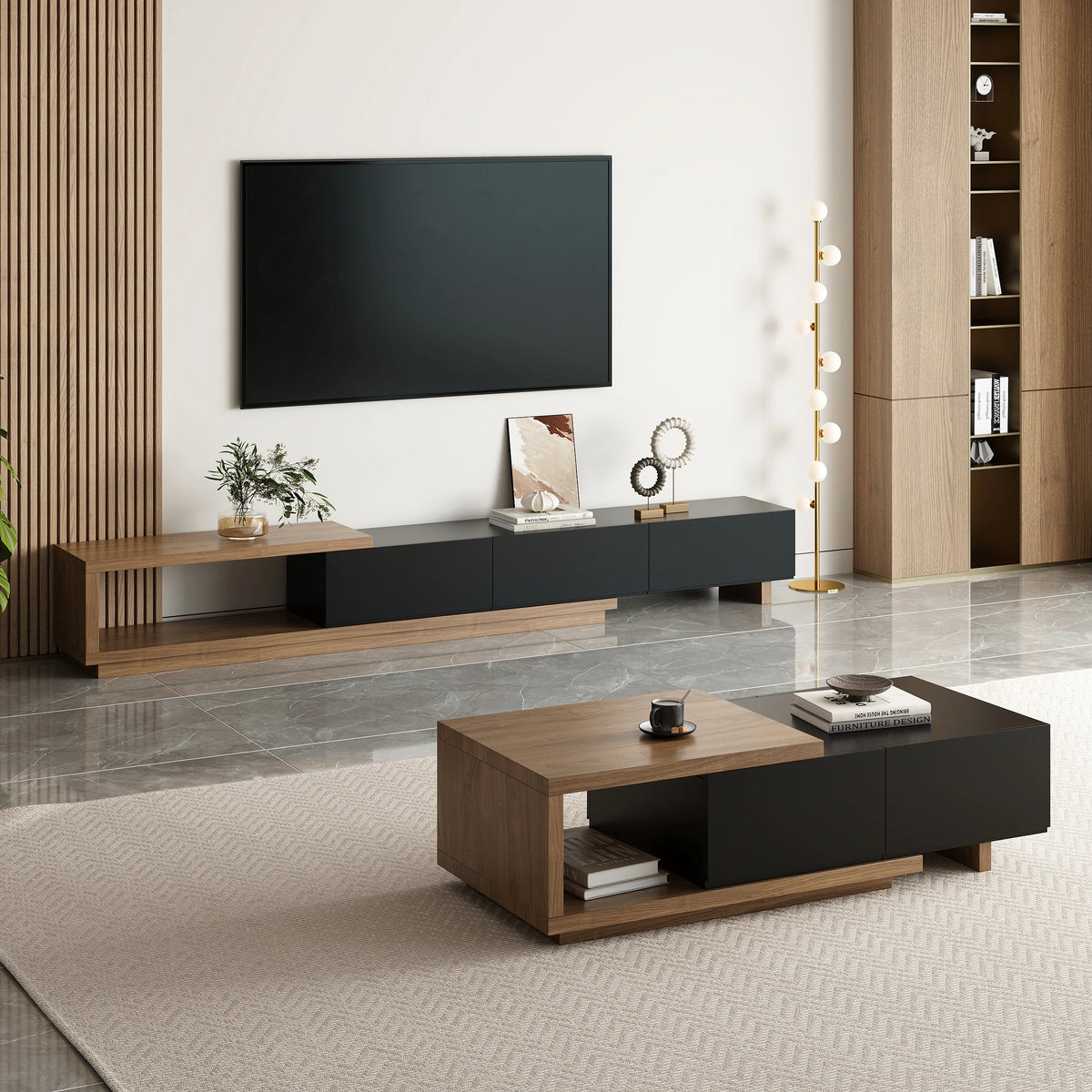 Ensemble meuble TV extensible et table basse Quoint Noir & noyer