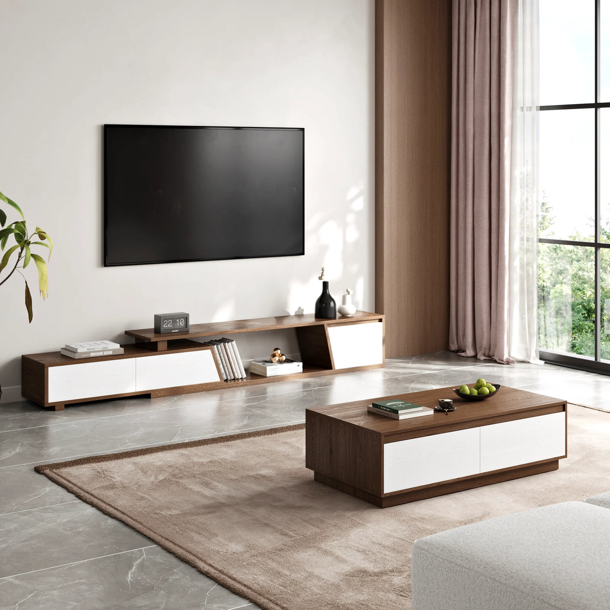 Ensemble meuble TV Fero en bois blanc et noyer, meuble TV extensible et table basse rectangulaire