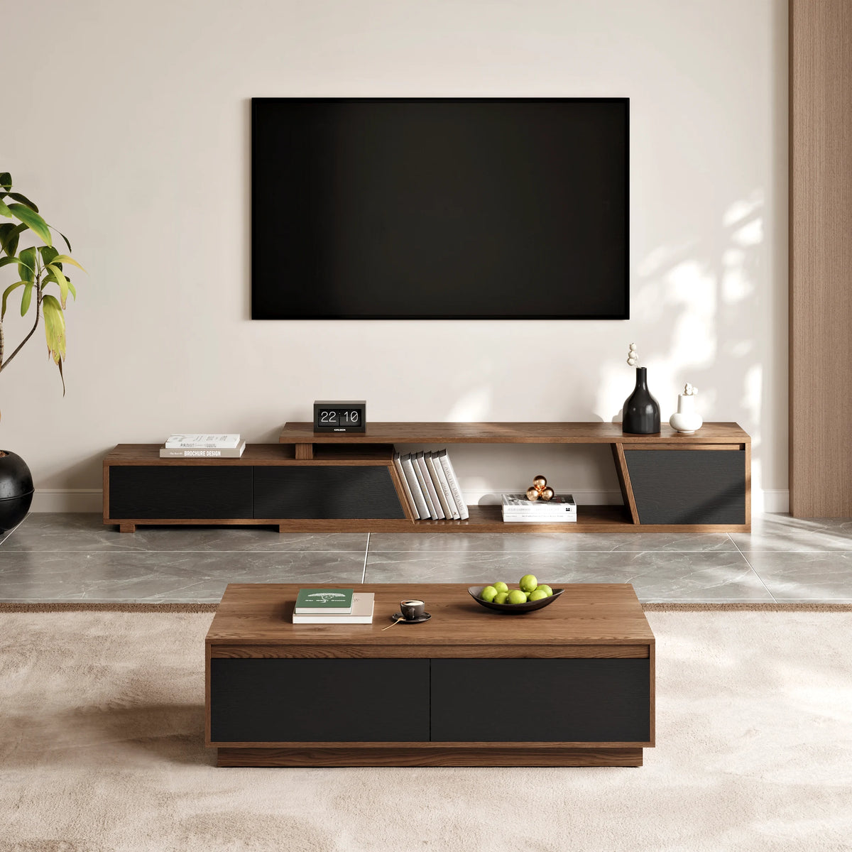 Ensemble meuble TV Fero en bois noir et noyer, meuble TV extensible et table basse rectangulaire