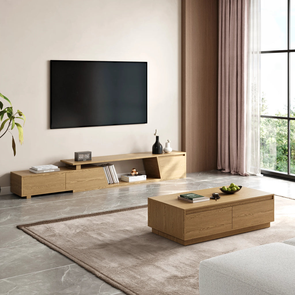 Ensemble meuble TV Fero en bois naturel, meuble TV extensible et table basse rectangulaire