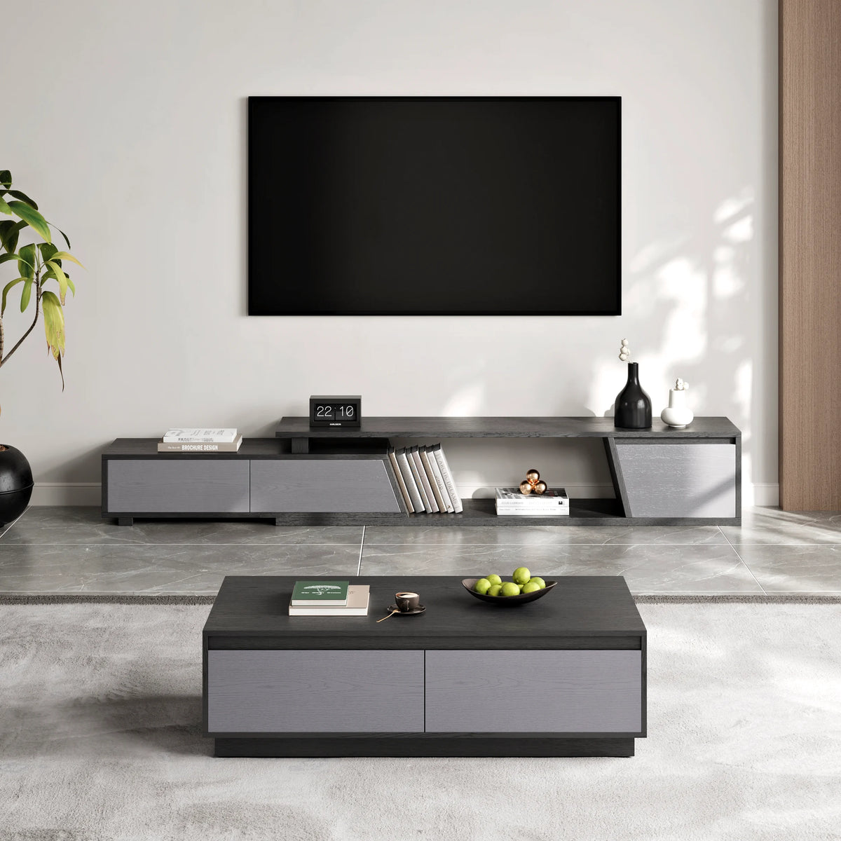 Ensemble meuble TV Fero en bois gris, meuble TV extensible et table basse rectangulaire