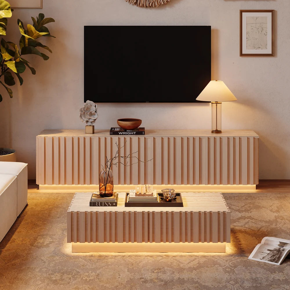 Ensemble meuble TV Aura avec meuble TV à lattes en bois de frêne et table basse Bois blanc