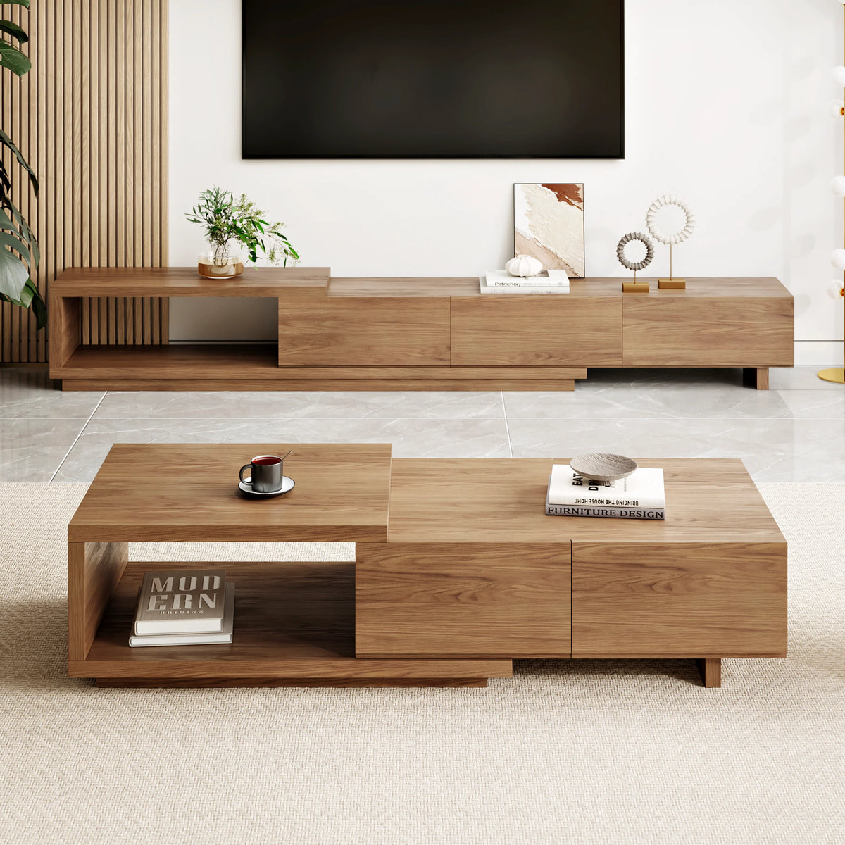 Ensemble meuble TV extensible et table basse Quoint Noyer