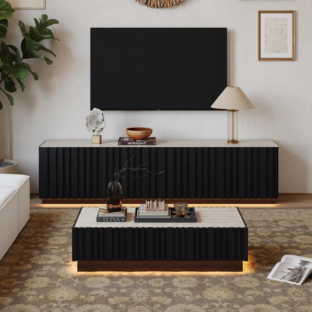 Ensemble meuble TV Aura avec meuble TV à lattes en bois de frêne et table basse Noir