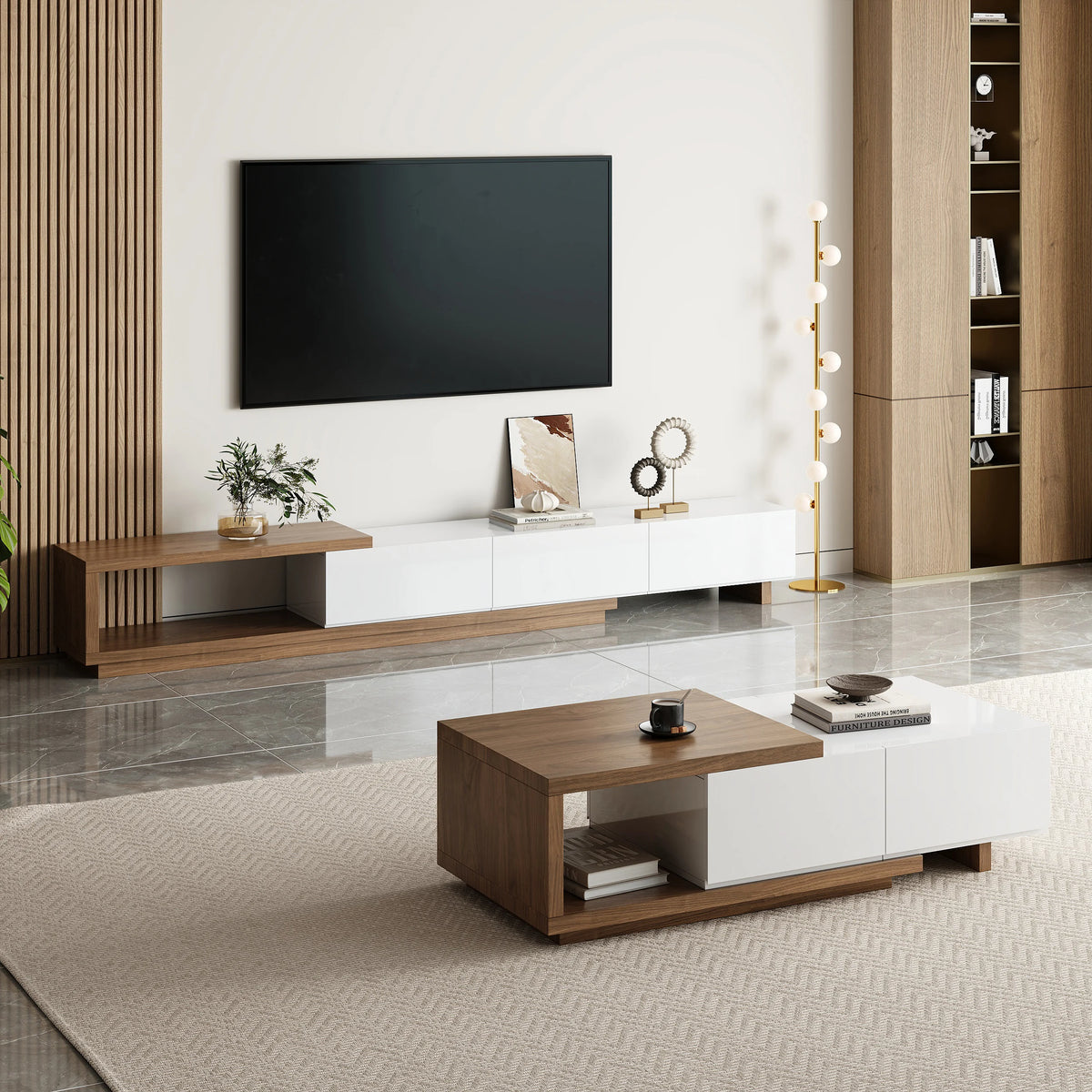 Ensemble meuble TV extensible et table basse Quoint Blanc & noyer
