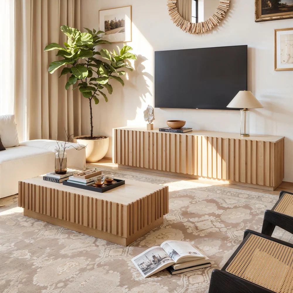 Ensemble meuble TV Aura avec meuble TV à lattes en bois de frêne et table basse Bois naturel