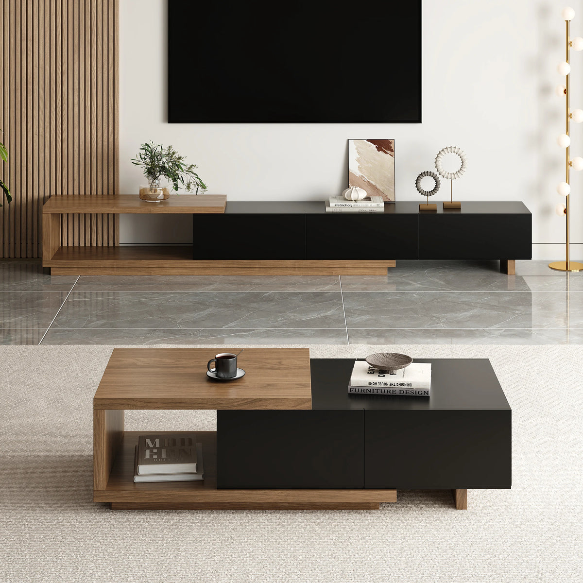 Ensemble meuble TV extensible et table basse Quoint Noir & noyer
