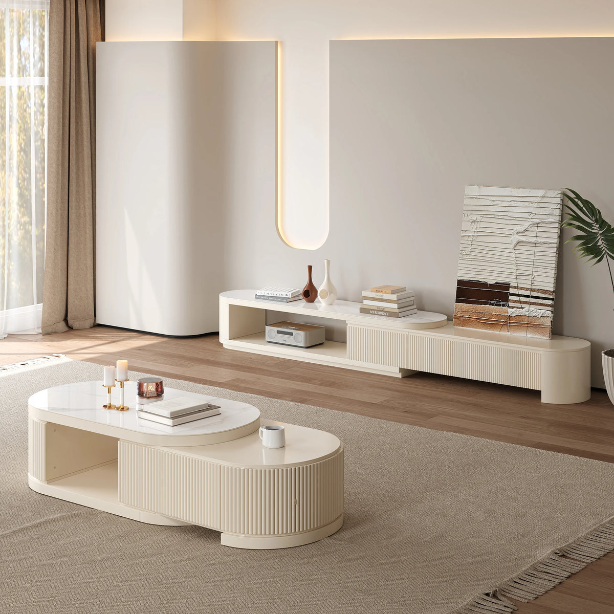Ensemble meuble TV extensible et table basse Velar Ivoire mat