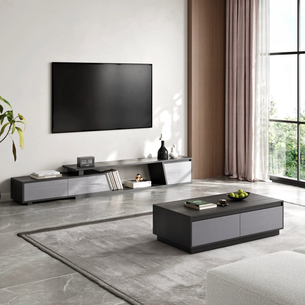 Ensemble meuble TV Fero en bois gris, meuble TV extensible et table basse rectangulaire