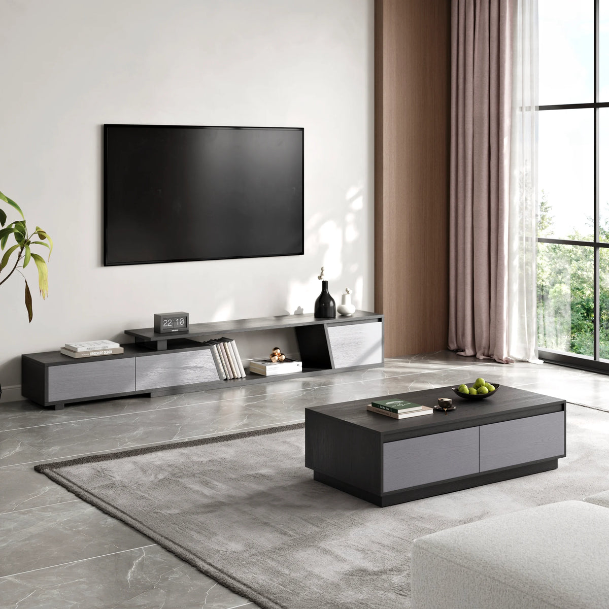Ensemble meuble TV Fero en bois gris, meuble TV extensible et table basse rectangulaire