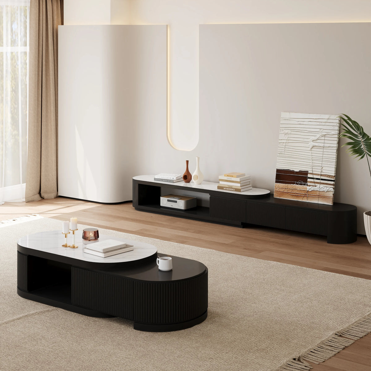 Ensemble meuble TV extensible et table basse Velar Noir mat