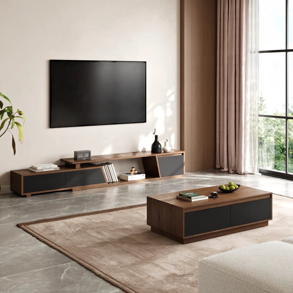 Ensemble meuble TV Fero en bois noir et noyer, meuble TV extensible et table basse rectangulaire