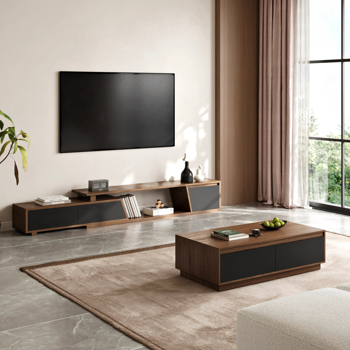 Ensemble meuble TV Fero en bois noir et noyer, meuble TV extensible et table basse rectangulaire