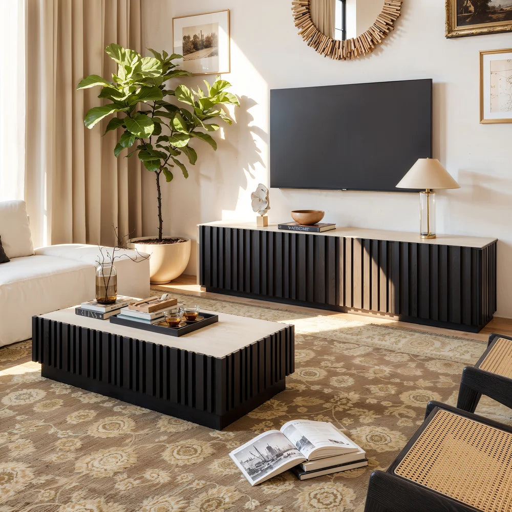 Ensemble meuble TV Aura avec meuble TV à lattes en bois de frêne et table basse Noir
