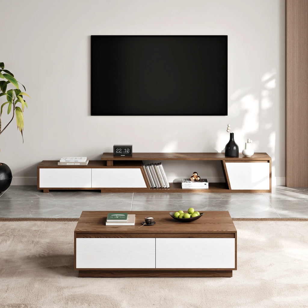 Ensemble meuble TV Fero en bois blanc et noyer, meuble TV extensible et table basse rectangulaire