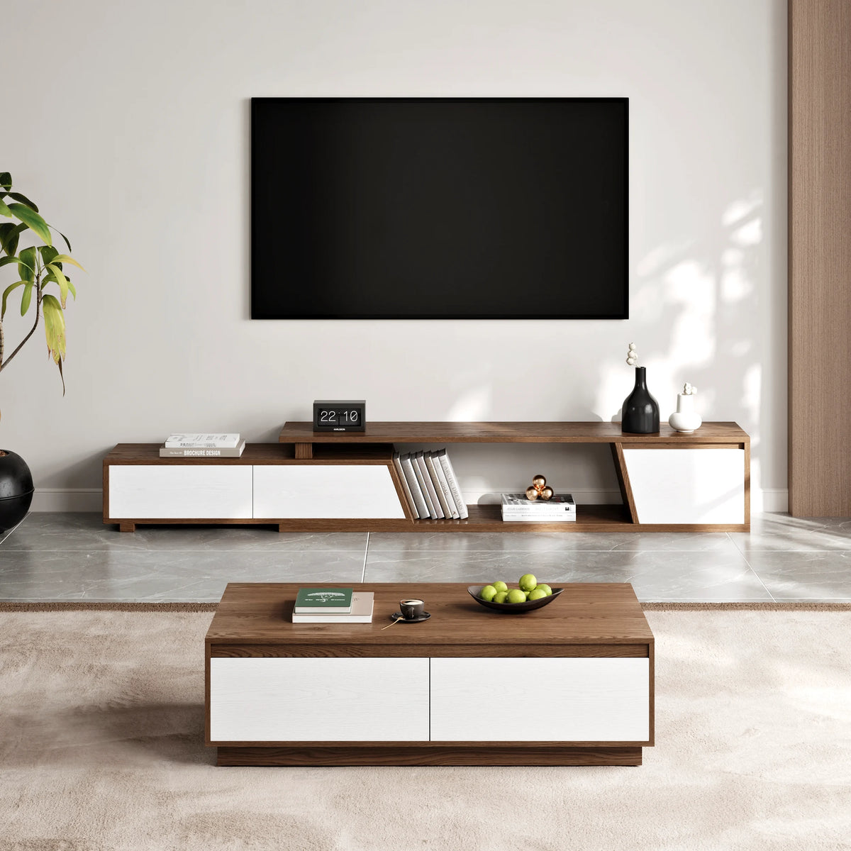 Ensemble meuble TV Fero en bois blanc et noyer, meuble TV extensible et table basse rectangulaire