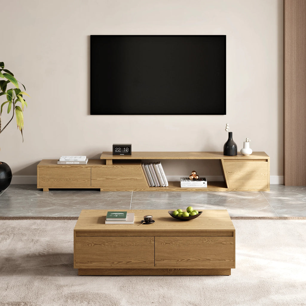 Ensemble meuble TV Fero en bois naturel, meuble TV extensible et table basse rectangulaire