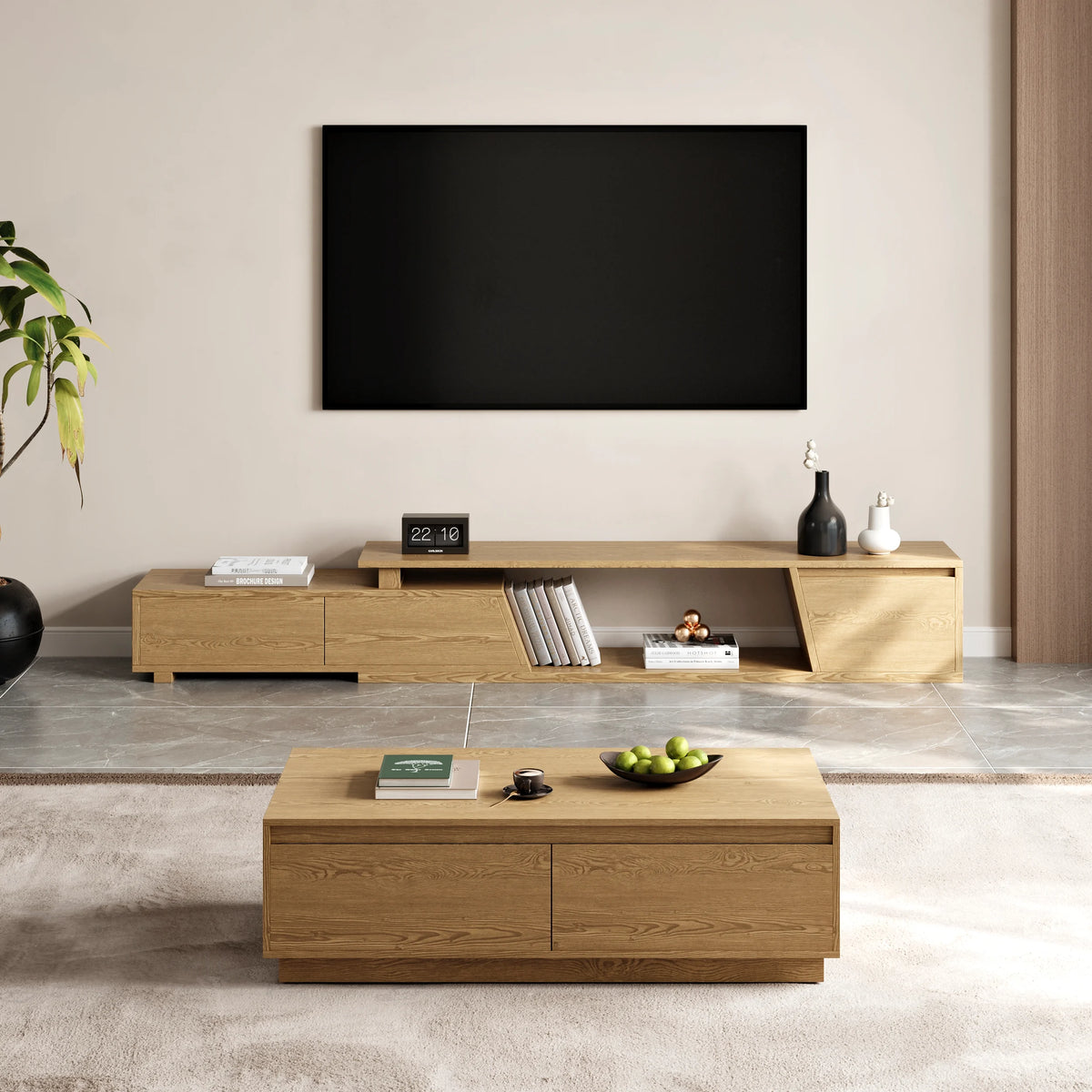 Ensemble meuble TV Fero en bois naturel, meuble TV extensible et table basse rectangulaire