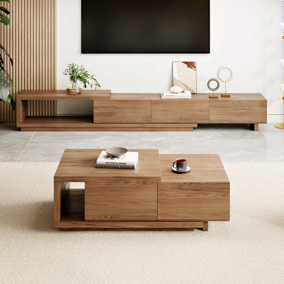 Ensemble meuble TV extensible et table basse Quoint Noyer